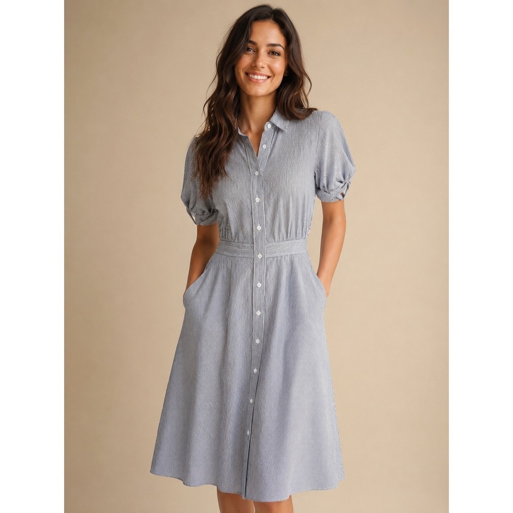 Donna Karan NY Blue White Striped Cotton Shirt Dress Puff Sleeve Size 2